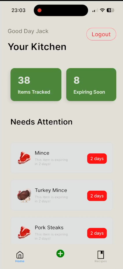 FreshTrack kitchen dashboard screen